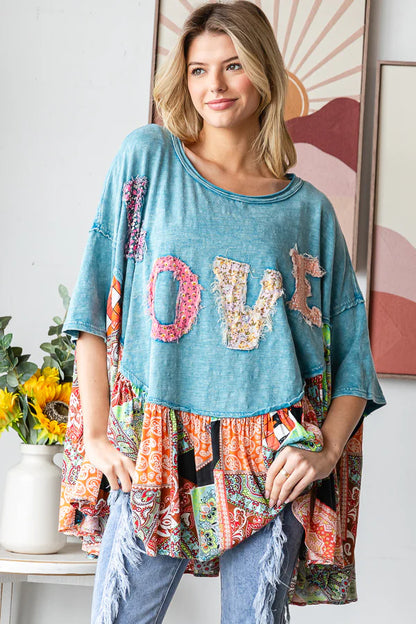 Round Neck Love Patchwork Ruffle Hem Top Oli & Hali Blue
