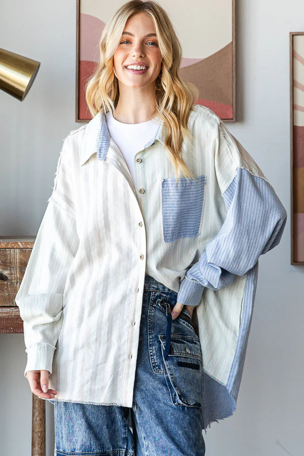 Oli & Hali Mint Stripe Button Down Top