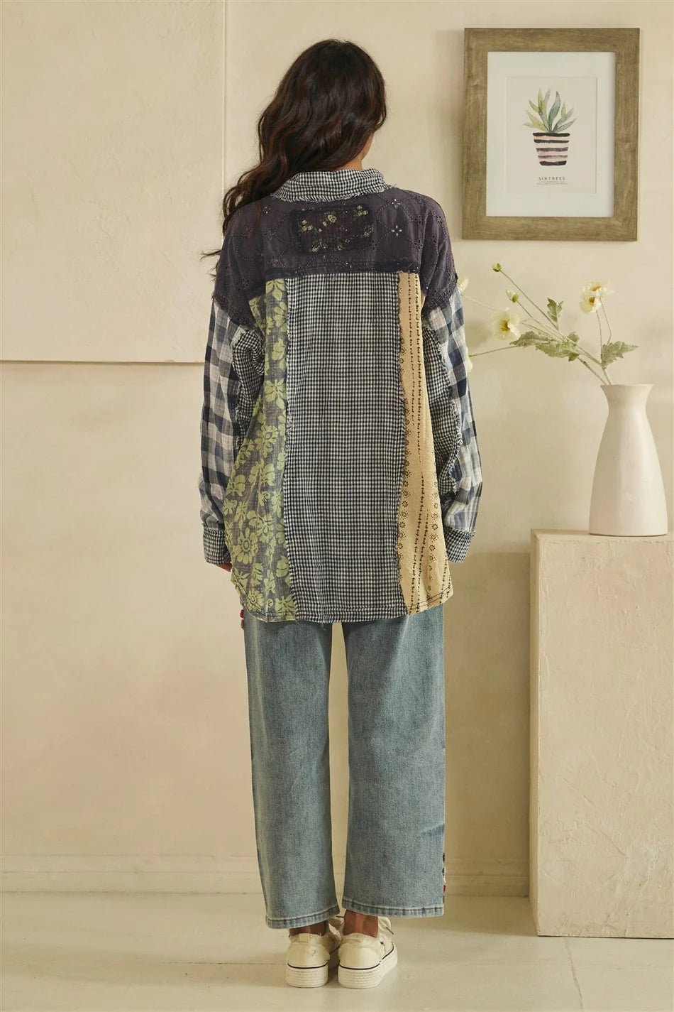 Oli & Hali Navy Plaid Patchwork Button Down Top