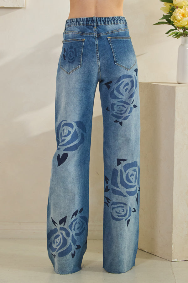 Rose Print Medium Wash Denim Jeans