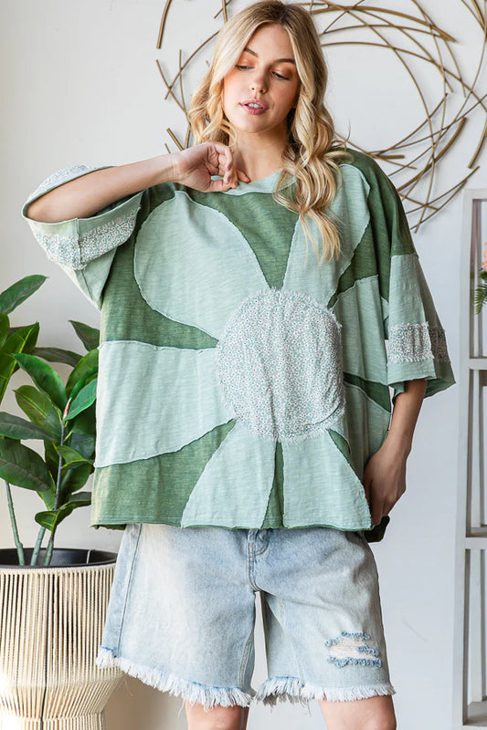 Oversized Green Flower Patchwork Tee Oli & Hali