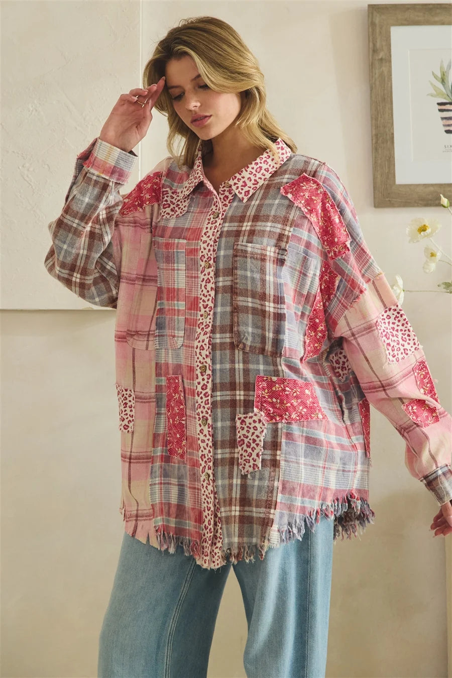 Oli & Hali Berry Leopard Plaid Patch Button Down Top