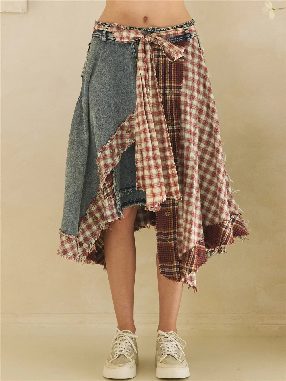 Oli & Hali Red Asymmetric Draped Plaid Skirt