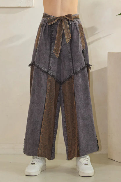 Mixed Fabric Belted Jogger Pants Oli & Hali Black