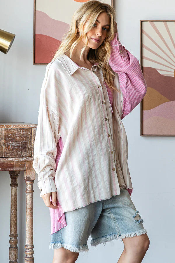 Oli & Hali Pink Stripe Button Down Top