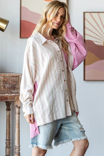 Oli & Hali Pink Stripe Button Down Top