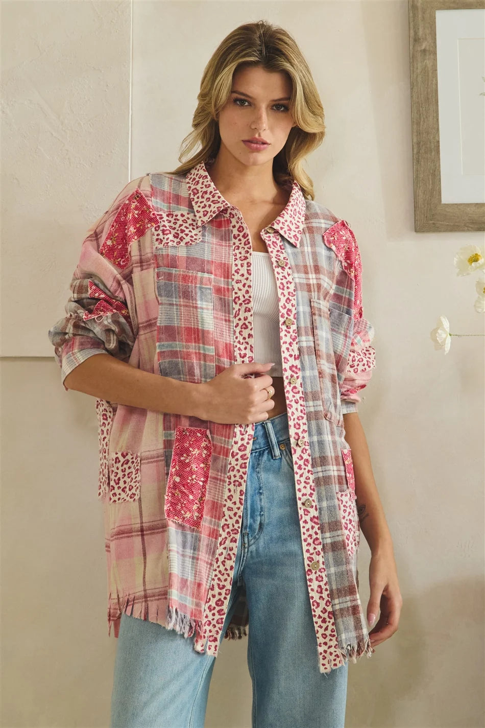 Oli & Hali Berry Leopard Plaid Patch Button Down Top