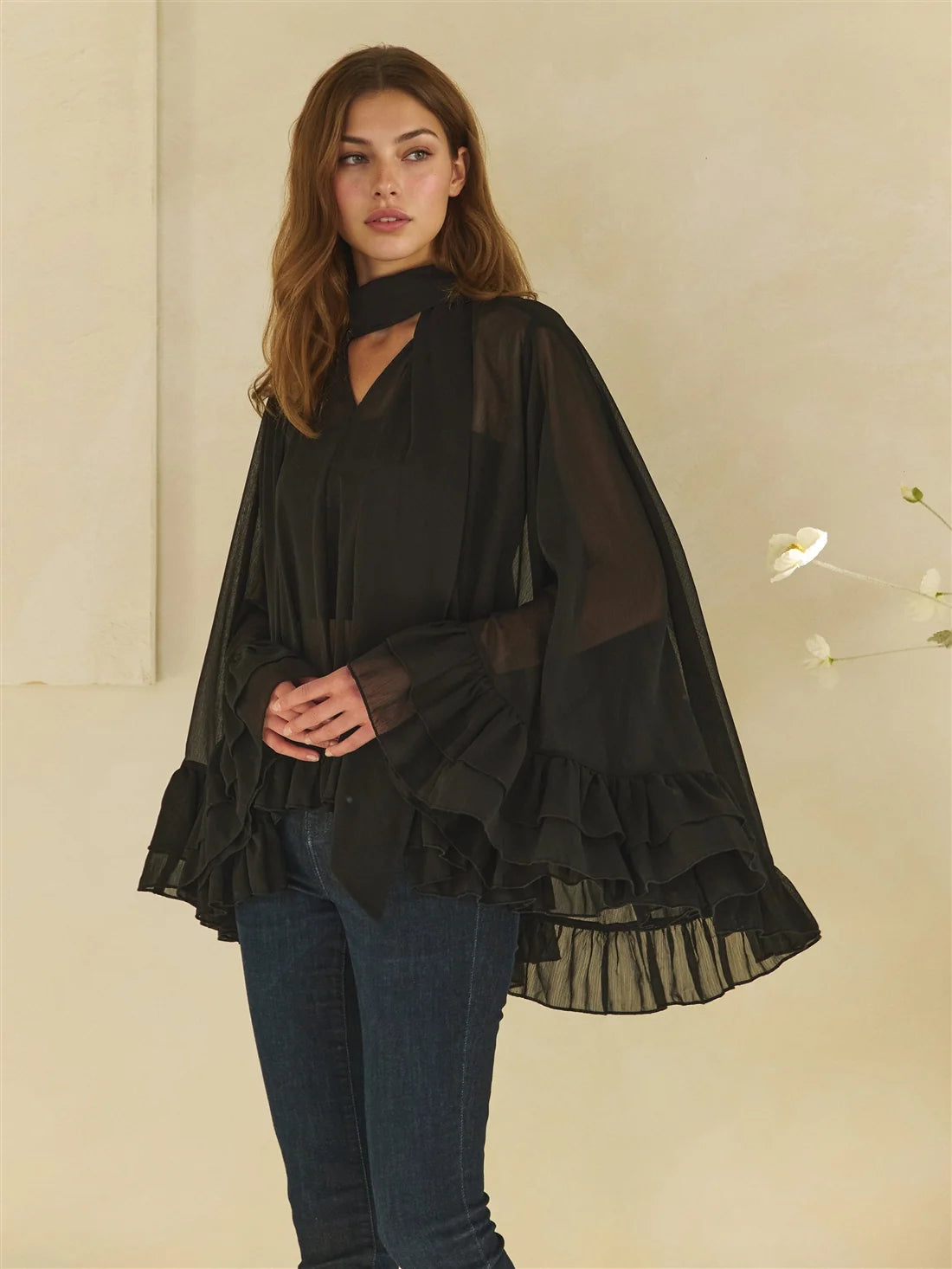 Oli & Hali Black Sheer Tie Neck Ruffle Top
