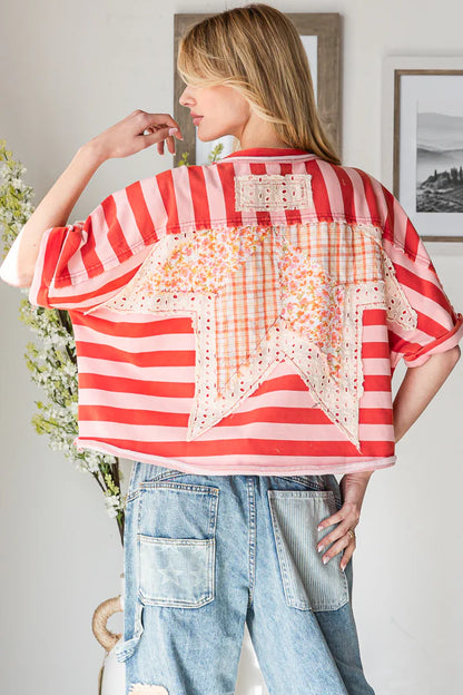 Oli & Hali Red and Pink Stripe Star Patch Top