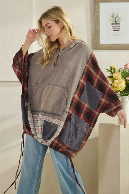 Oli & Hali Washed Mixed Fabric Half Zip Hooded Pullover Top Dolphin