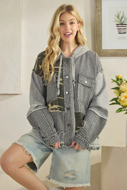 Stripe Hooded Button Down Jacket Grey Camo