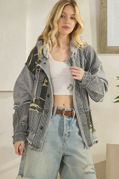 Stripe Hooded Button Down Jacket Grey Camo