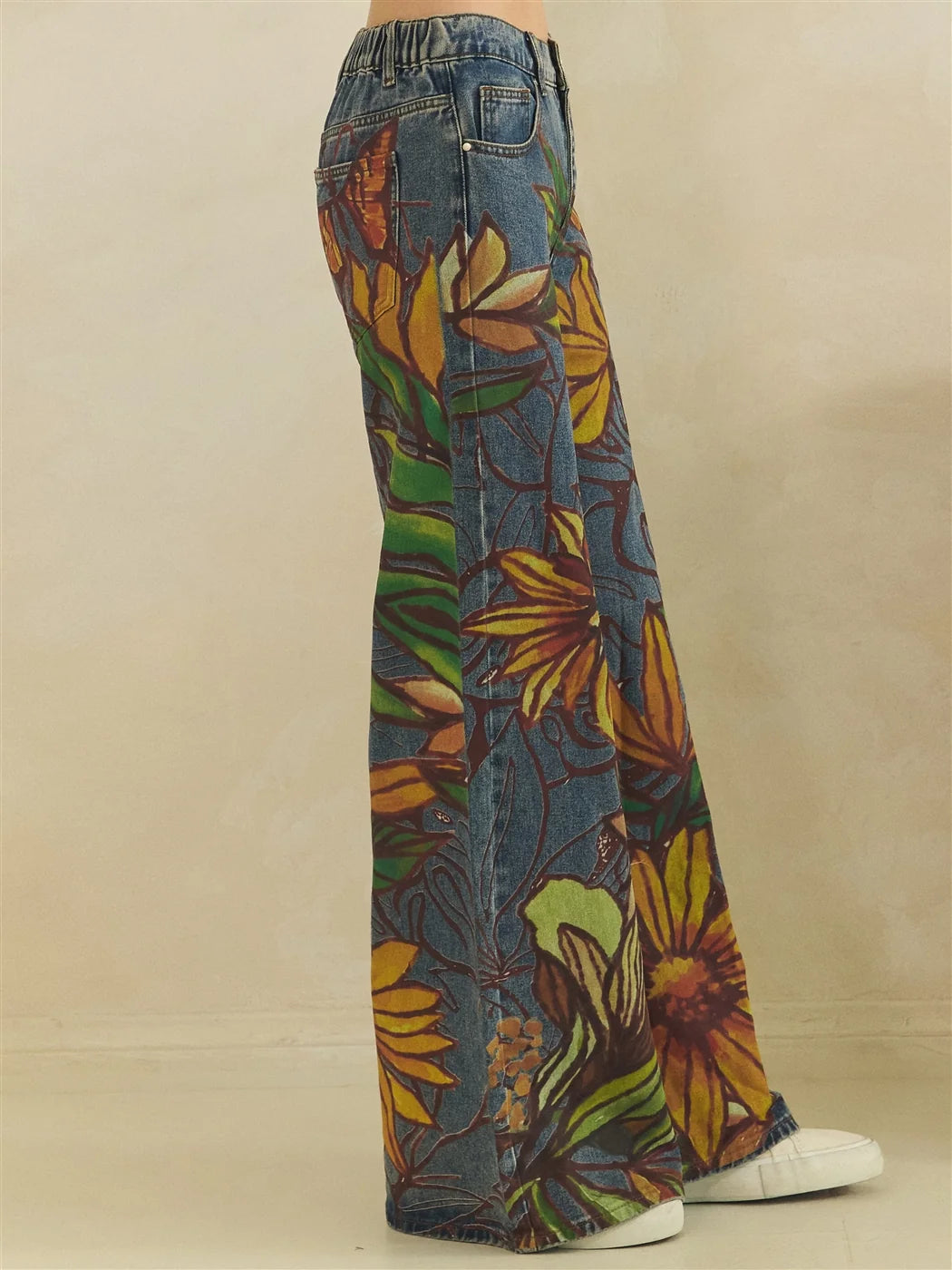 Oli & Hali Watercolor Sunflower Print Denim Pants