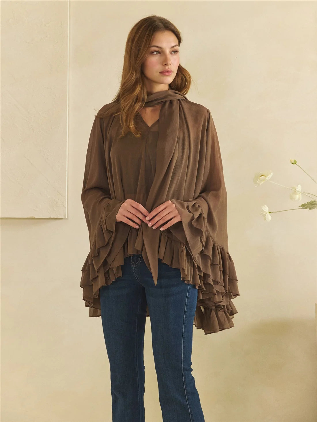 Oli & Hali Brown Sheer Tie Neck Ruffle Top