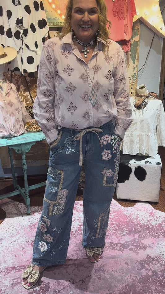 POL Rose Pink Long Sleeve Eyelet Button Down Top