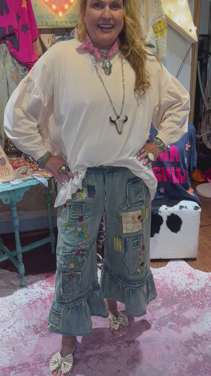Blue Velvet Denim Embroidered Ruffle Bottom Pants
