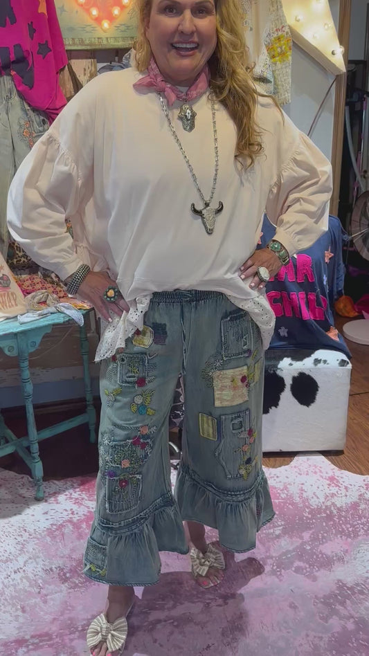 Blue Velvet Denim Embroidered Ruffle Bottom Pants