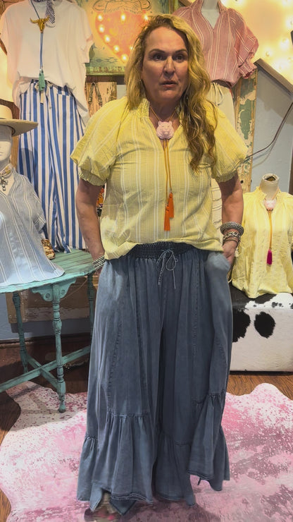 Yellow Stripe Puff Sleeve Top