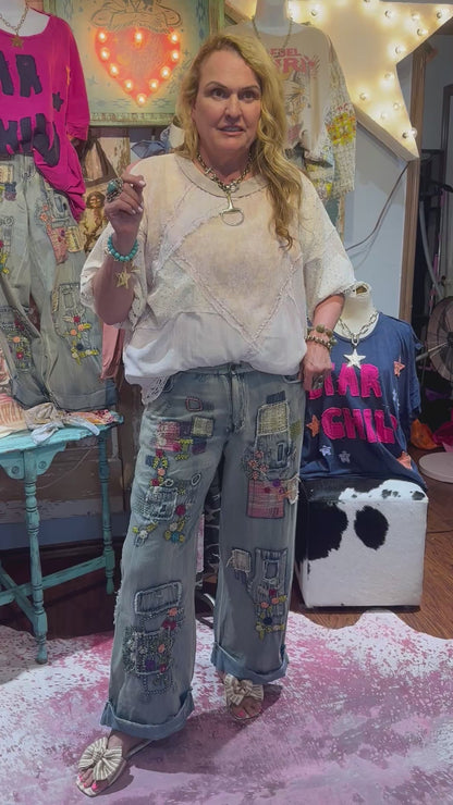 Blue Velvet Denim Embroidered Straight Leg Pants