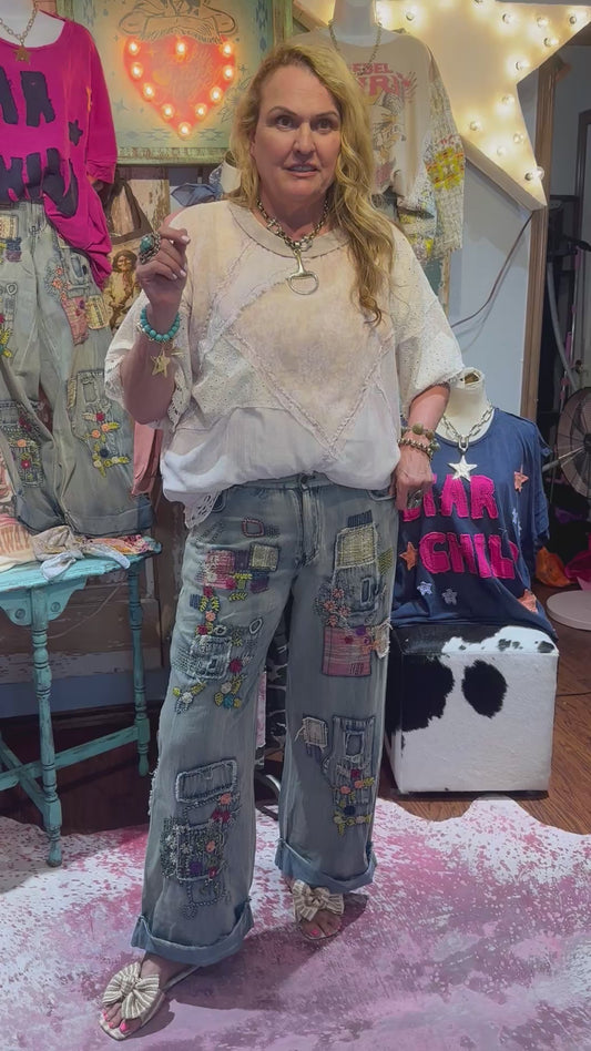 Blue Velvet Denim Embroidered Straight Leg Pants