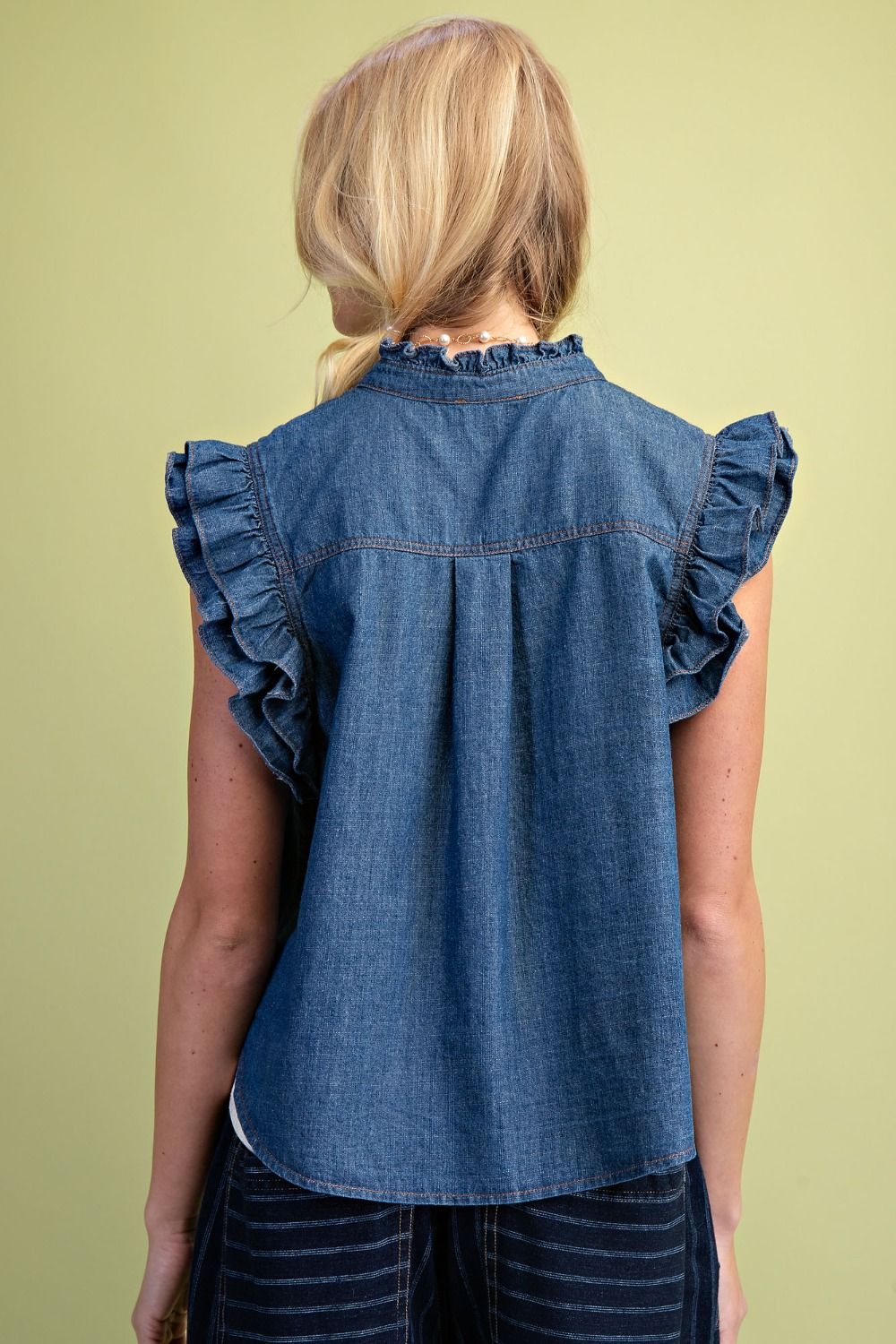 Easel Washed Denim Ruffle Sleeve Button Down Top