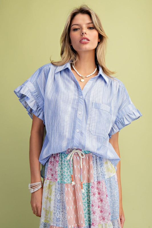 Easel Blue Stripe Cotton Button Down Top