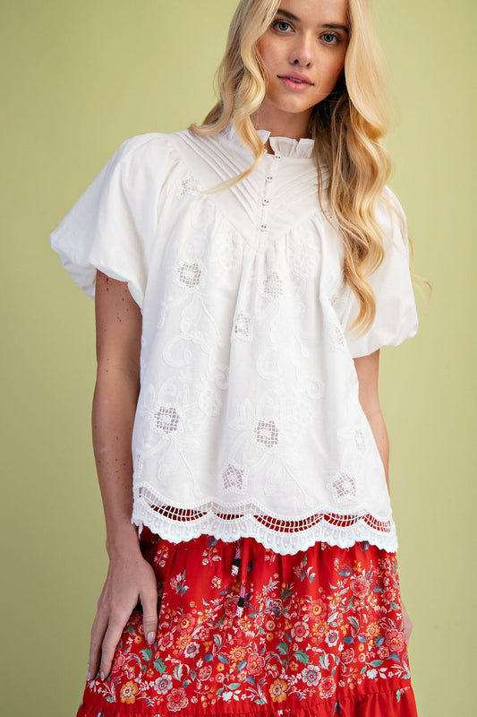 Easel White Lace Embroidered Puff Sleeve Top