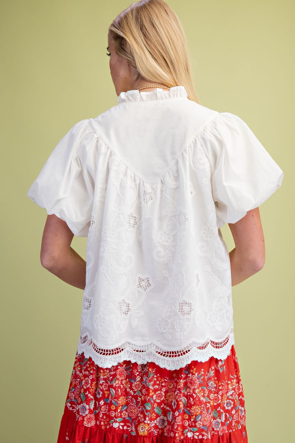 Easel White Lace Embroidered Puff Sleeve Top