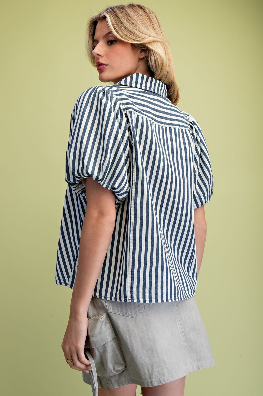 Easel Navy/White Stripe Puff Sleeve Top