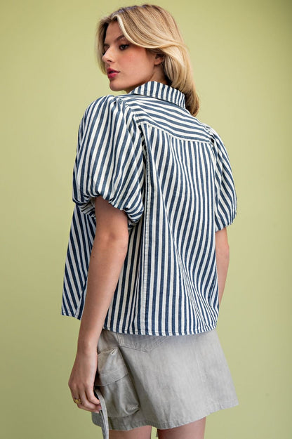 Easel Navy/White Stripe Puff Sleeve Top