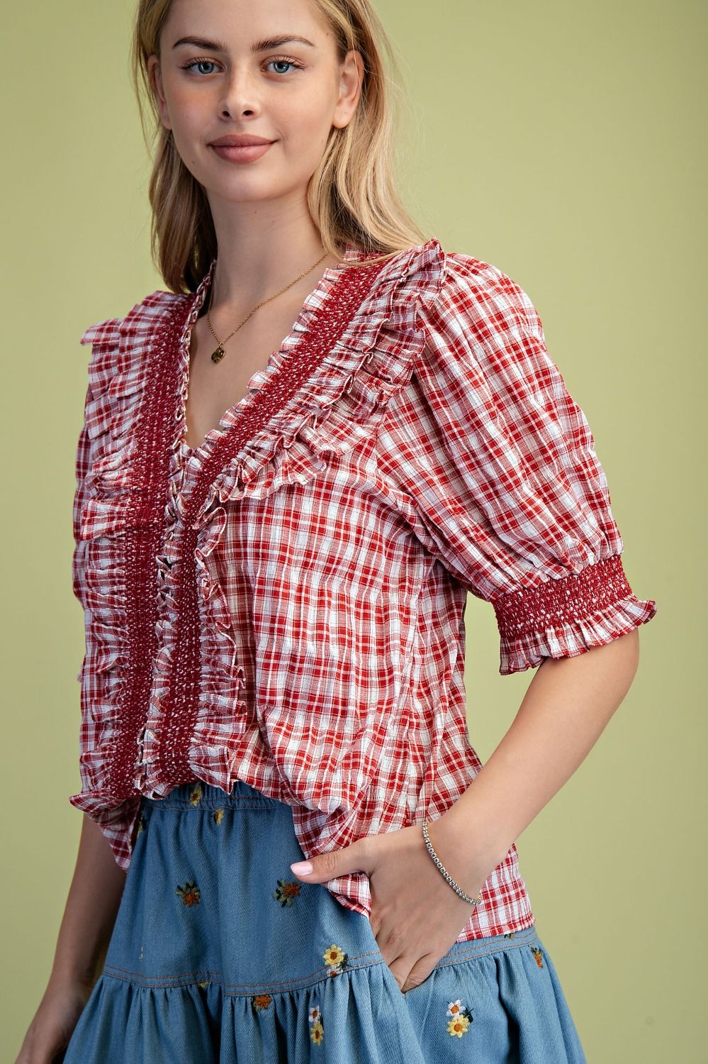 Easel Red Plaid Seersucker Top