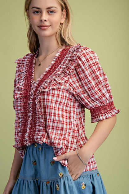 Easel Red Plaid Seersucker Top