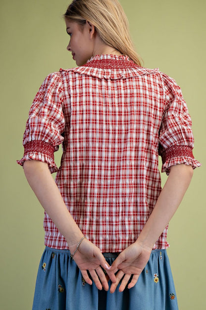 Easel Red Plaid Seersucker Top