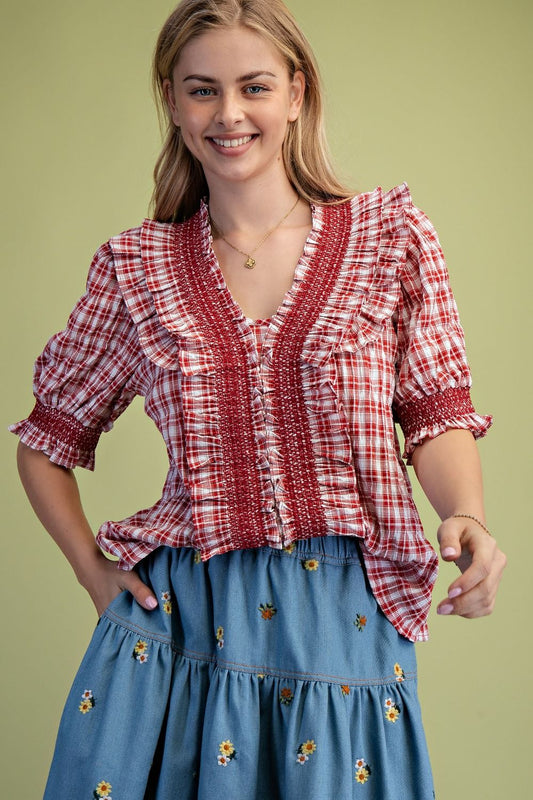 Easel Red Plaid Seersucker Top