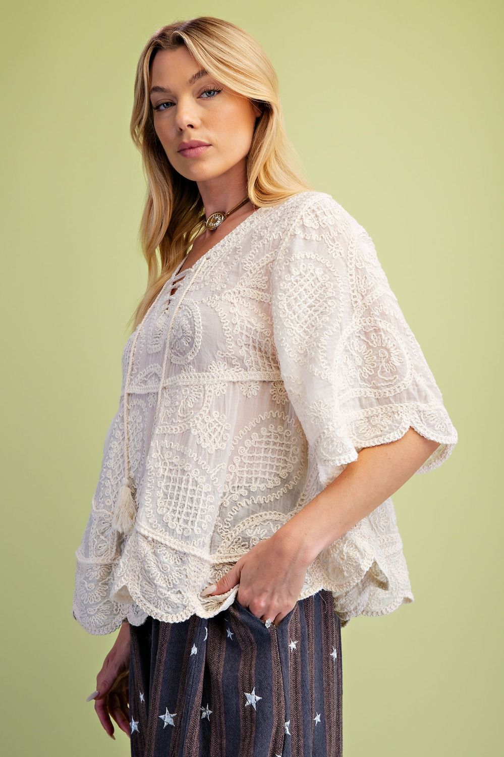 Easel Natural Half Sleeve Babydoll Tunic
